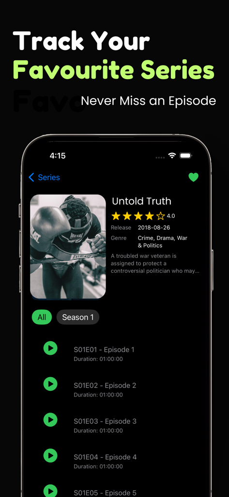 Smart IPTV Player app interface for tracking TV series and managing episodes