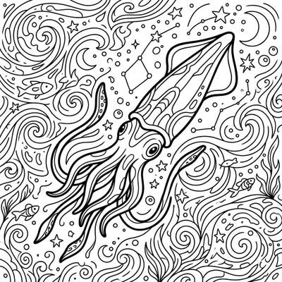 Embark on an underwater adventure with this captivating European Squid coloring page set against a mystical night sky. Explore a serene aquatic world illuminated by stars and the moon, perfect for a relaxing creative escape.