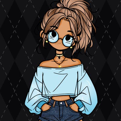girl with a messy ponytail glasses a baggy crop top and jean shorts