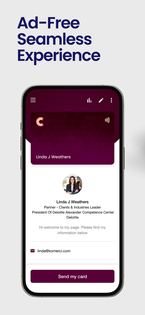 広告なしのテキストが表示された携帯電話画面に表示されるプロフェッショナルなデジタル名刺プロフィール