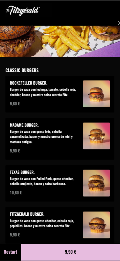 The Fitzgerald App - Mobile app screen showing a menu of classic burgers with photos, descriptions, and prices