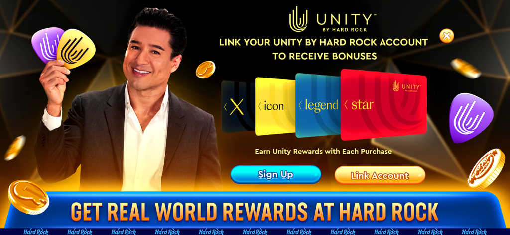 Mario Lopez promoting the Unity by Hard Rock loyalty program and real world rewards in Hard Rock Jackpot Planet.