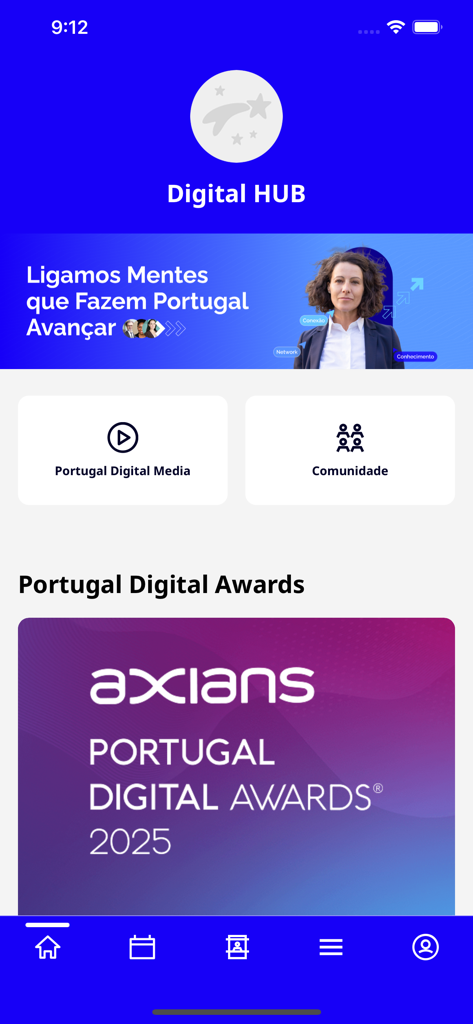 Portugal Digital HUB - Portugal Digital HUB app home screen displaying Digital Awards 2025 banner and navigation options