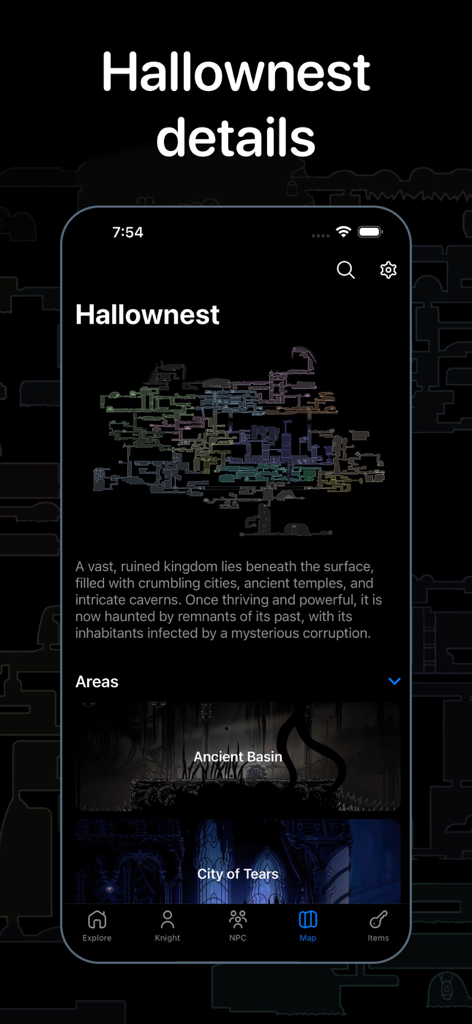 A detailed map of Hallownest showing various game areas in the Hollow Knight guide app