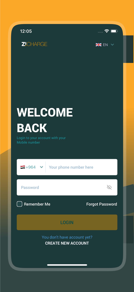 ZiCharge - ZiCharge mobile wallet login screen with fields for mobile number and password