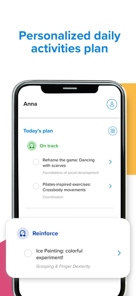 Kinedu app interface showing a personalized daily plan with activities for social development, coordination, and finger dexterity.