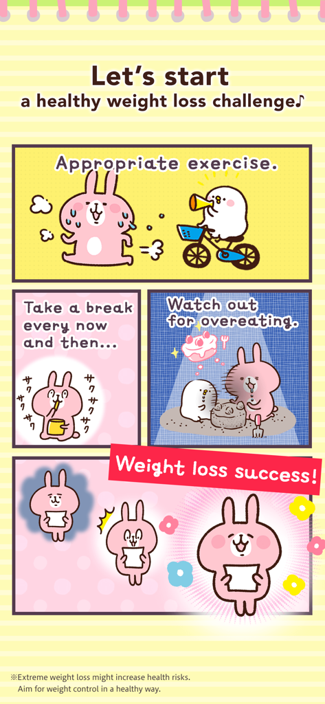 Comic panels of Pisuke and Rabbit characters illustrating healthy weight loss tips
