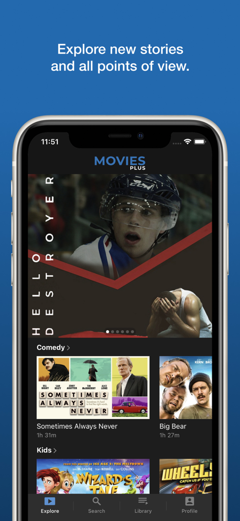 Movies Plus - The home screen of the Movies Plus app displaying movie titles and categories like Comedy and Kids.