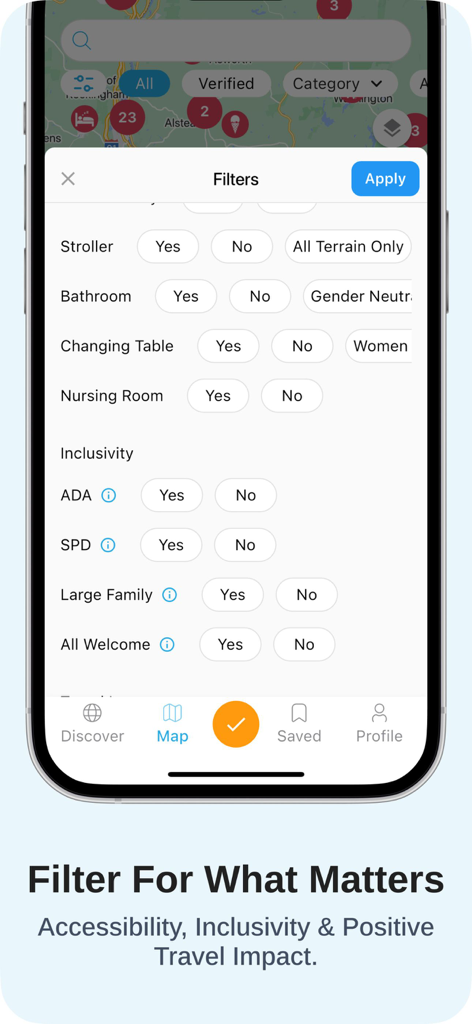 A mobile screenshot of the Gowhee app showing travel filters for accessibility and family needs like stroller access and changing tables