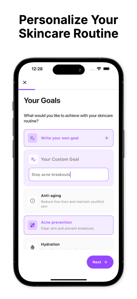 Kiru app screen showing personalized skincare goals selection including acne prevention and anti-aging