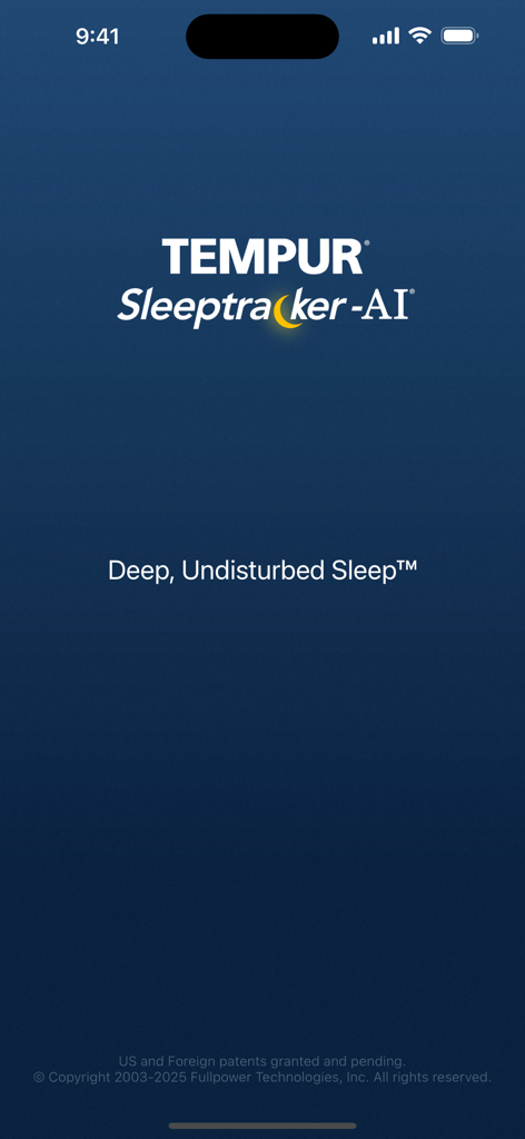 Tempur Sleeptracker-AI app splash screen with brand logo and tagline for deep undisturbed sleep