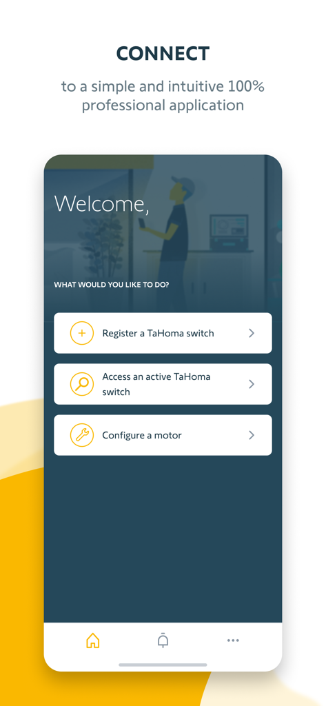 TaHoma pro by Somfy - Schermata di benvenuto dell'app TaHoma pro che mostra opzioni professionali per registrare un interruttore o configurare un motore