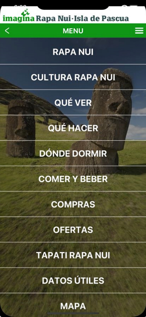 Menú principal de la aplicación de viajes Imagina Isla de Pascua con categorías de viaje y un fondo de estatuas Moai.