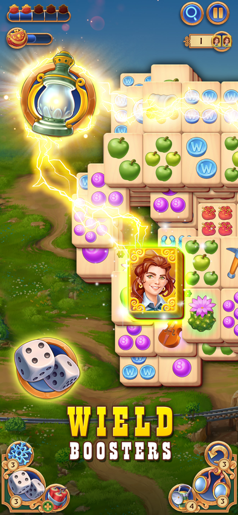 Sheriff of Mahjong: Tile Games - A Mahjong solitaire game level with Western themed tiles and a lantern booster effect