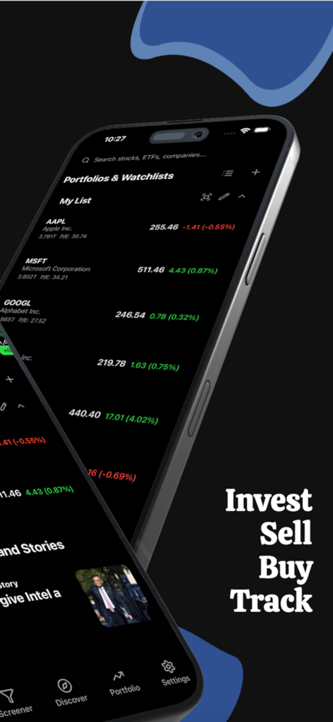 Stock Market - AI Insights - Stock Market AI Insights app showing portfolio watchlist with real-time price updates for AAPL and MSFT
