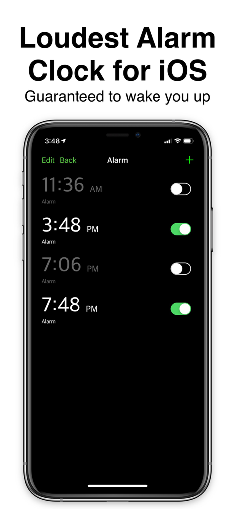 Loud Alarm Clock by BLITZ - Lautester Wecker für iOS App-Bildschirm mit mehreren Weckzeiten und Schaltern