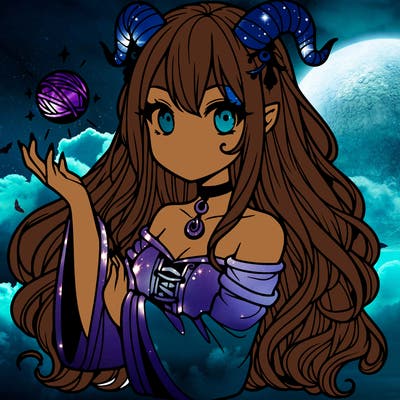 long haired girl with horns and magic orb in her hand