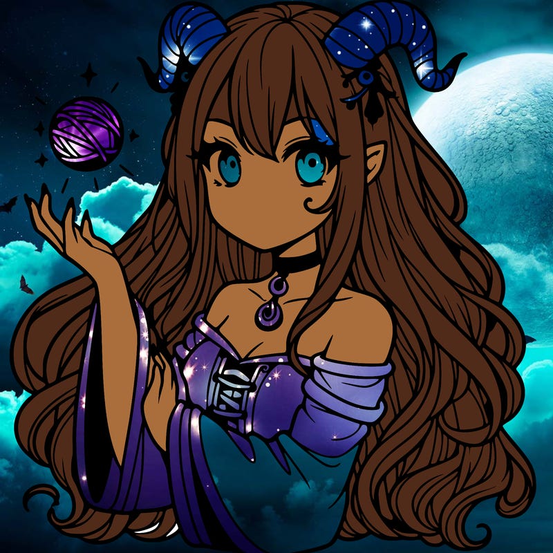 long haired girl with horns and magic orb in her hand