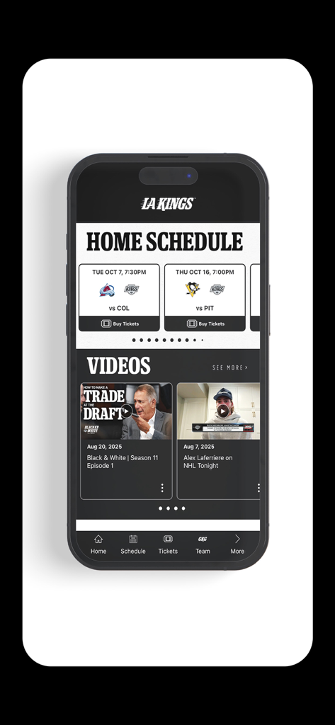 LA Kings - The home screen of the LA Kings official app displaying the team home schedule with ticket purchase options and a video content section.