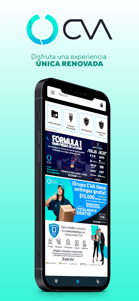 CVA mobile app interface showing technology categories and promotional banners on a smartphone