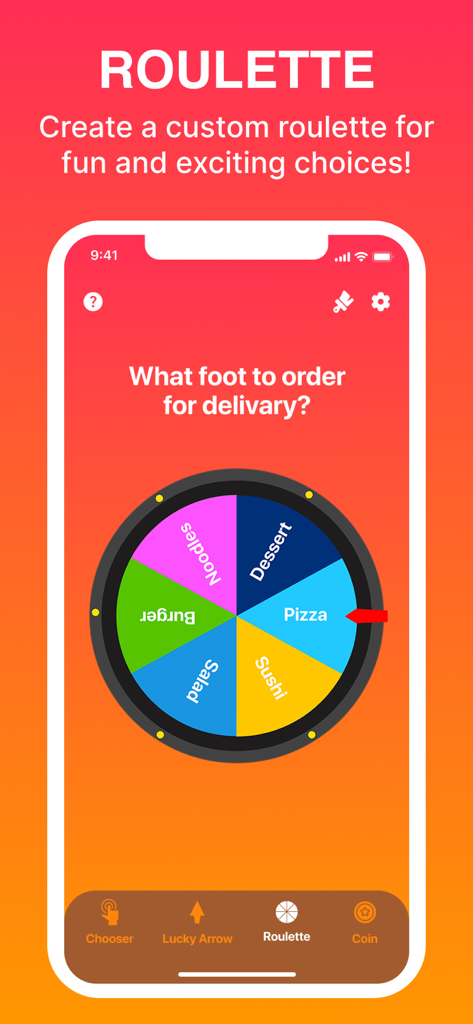 Ein farbenfrohes digitales Rouletterad in der Chooser-App, das zur Auswahl zwischen Essenslieferoptionen wie Pizza und Sushi verwendet wird.