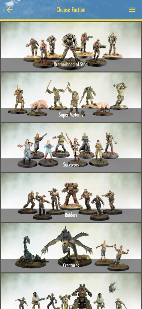 Fallout Miniatures - La pantalla Elegir facción en la aplicación Fallout Miniatures que muestra grupos de miniaturas de Super Mutantes, Hermanos del Acero y Supervivientes