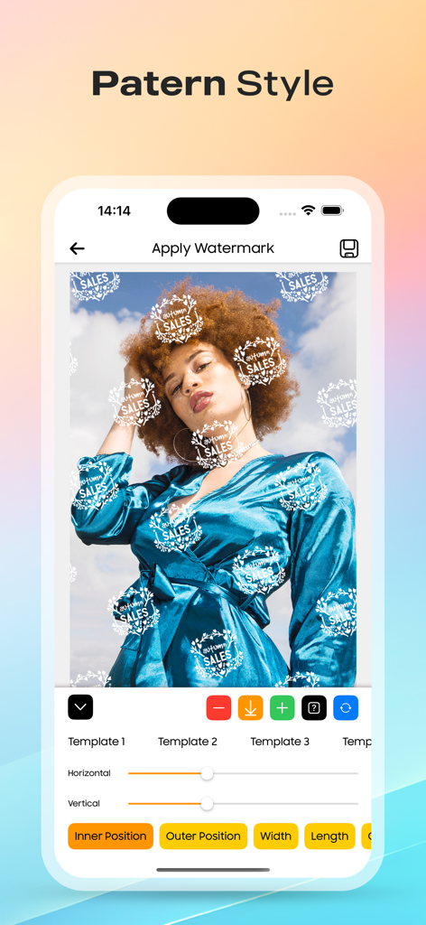 写真全体に繰り返しのロゴパターンを適用する透かしアプリを示すスマートフォンインターフェイス