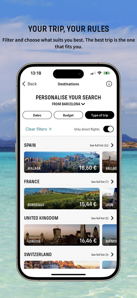 Vueling Airlines-Cheap Flights - Pantalla de la aplicación móvil que muestra opciones de vuelos de Barcelona a destinos europeos con precios y fotos de ciudades