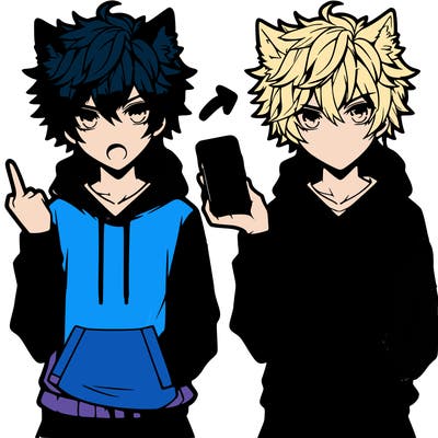anime boy with fluffy messy hair styled in a wolf cut. wearing a hoodie and sweat pants while holding an iphone