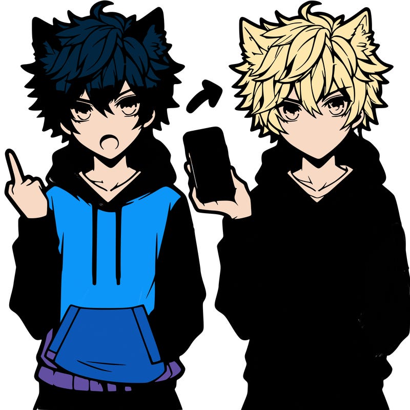 anime boy with fluffy messy hair styled in a wolf cut. wearing a hoodie and sweat pants while holding an iphone