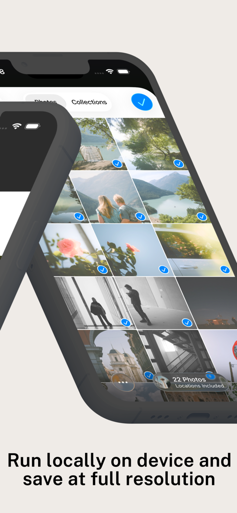 BatchPad: Photo Border in Bulk - A screenshot of the BatchPad app displaying a grid of selected photos with the text Run locally on device and save at full resolution