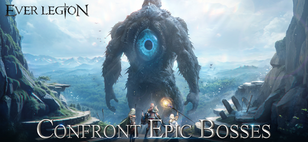 Ever Legion - Ever Legion heroes confronting a giant one-eyed boss in a fantasy landscape