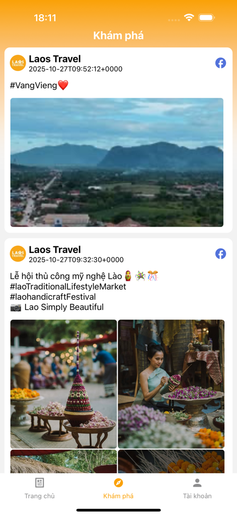 Lao Travel - Lao Travelアプリのエクスプローラー画面。ヴァンヴィエンとラオスの伝統工芸品祭に関するソーシャルメディア投稿が表示されています。