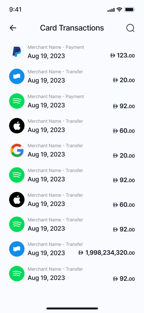 AFS Pro - AFS Pro mobile app screen displaying a list of merchant card transactions and settlement history
