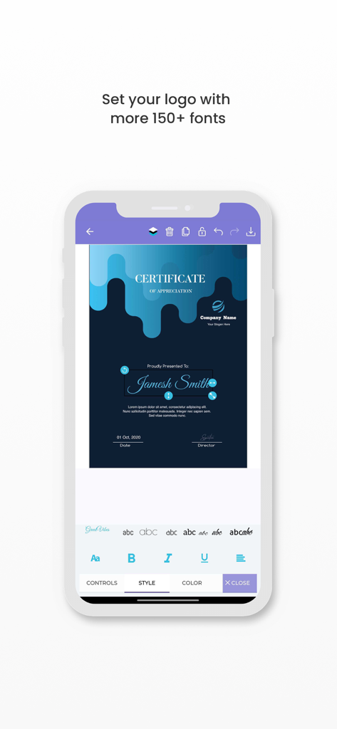 Certificate Maker:Creator - Interfaz de la aplicación móvil mostrando un certificado de agradecimiento en edición con varias opciones de fuentes y estilos.
