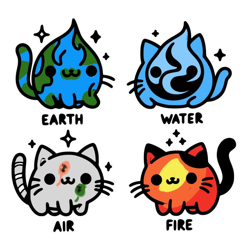 4 cats that represent the different elements, earth, water, air, and fire
