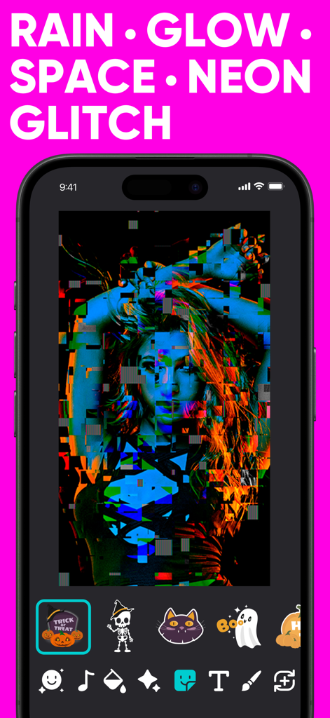 Foto Editor: Effects・EfctPro - Interfaz de la aplicación Foto Editor mostrando un filtro de neón glitch aplicado a un retrato con pegatinas de Halloween debajo