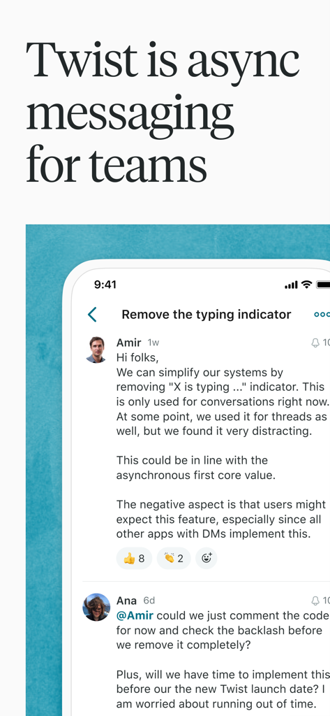 Interface do aplicativo Twist mostrando uma conversa organizada em tópicos para comunicação assíncrona em equipe