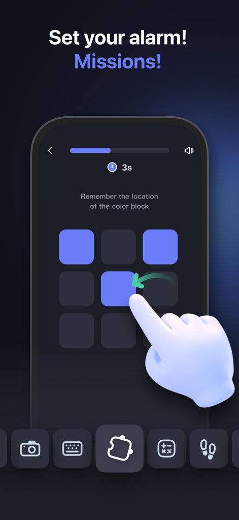 Alarmy・Loud Alarm Clock, Sleep - The Alarmy app interface displaying a memory mission task to help users wake up by solving a grid puzzle.