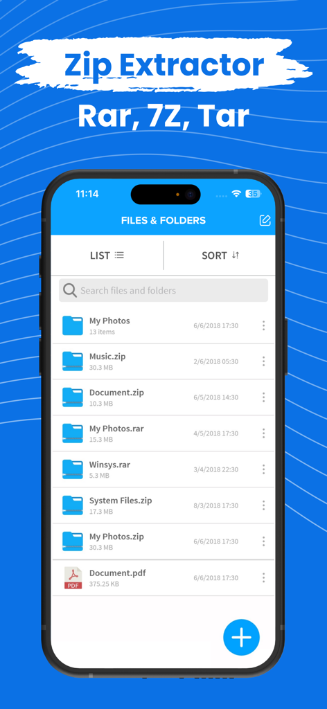 The ZIP Extractor mobile app interface displaying a list of files and folders including zip and rar archives.