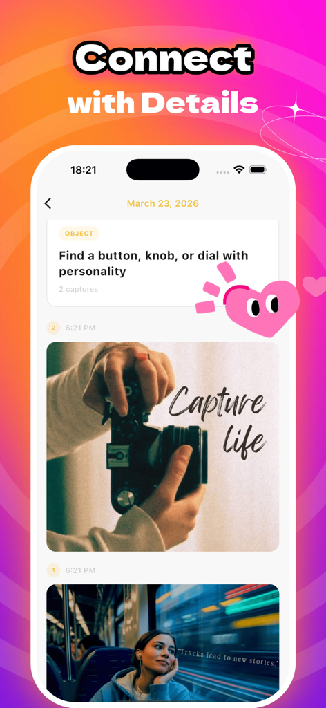 Rove - Capture Joy - Interface do aplicativo Rove exibindo um prompt de atenção plena e fotos capturadas em um diário pessoal.