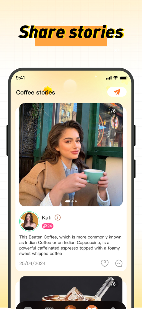 Screenshot of the Kafi app Coffee Stories feature showing a user sharing their coffee experience and recipe.