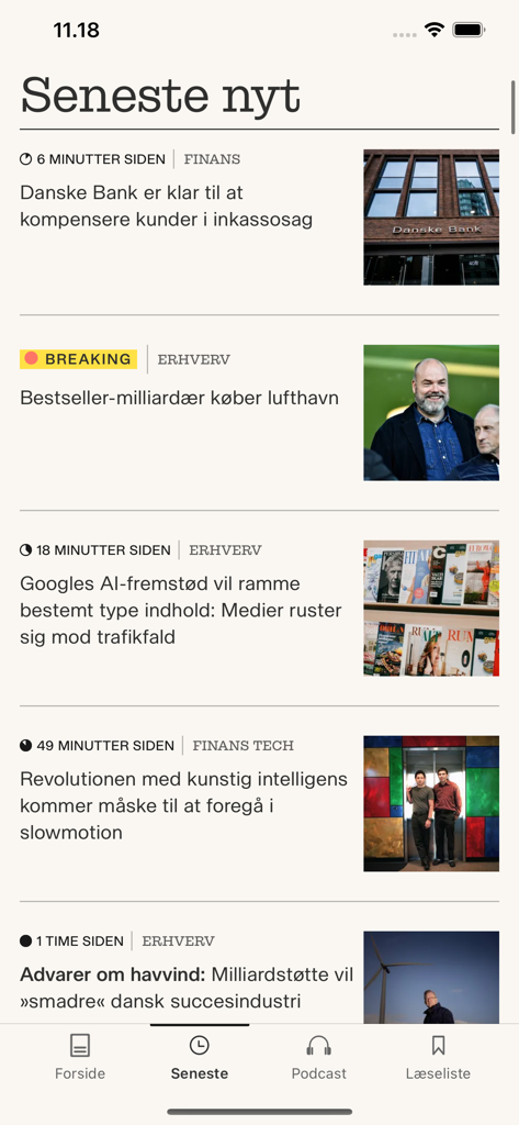 Finans - Danmarks erhvervsavis - Interfaccia dell'app mobile Finans che mostra un feed curato degli ultimi articoli di notizie di business danesi.