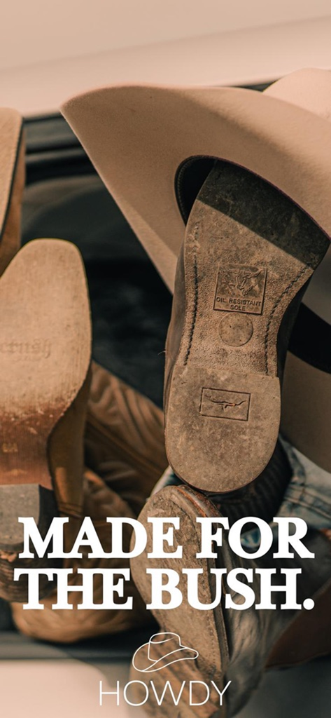 Howdy Global - Botas de cowboy y un sombrero con el texto 'Made for the Bush' para la app de citas rurales Howdy