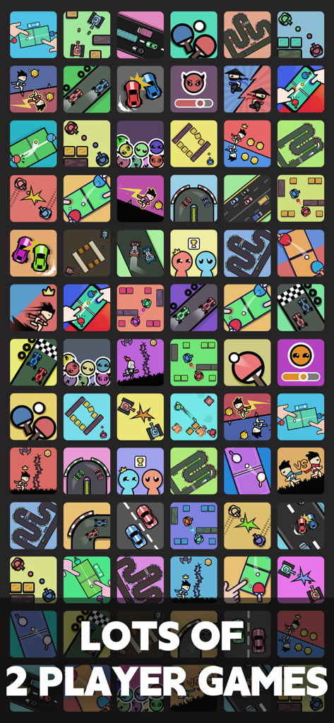 A grid showing a wide variety of local two player mini games including racing tanks and ping pong