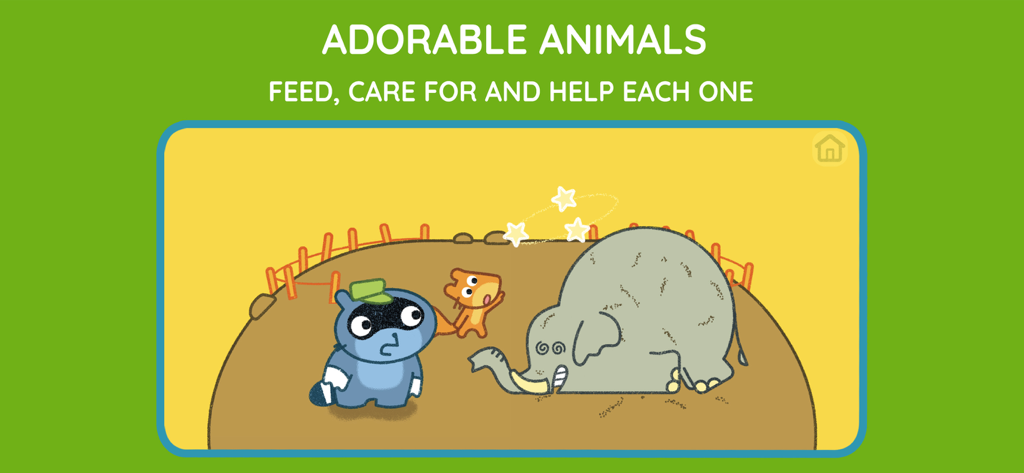 Personagens Pango ajudando um elefante tonto em uma cena de zoológico de desenho animado colorido.