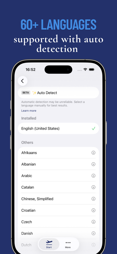 Screen Translator app interface showing a list of 60 plus supported languages including auto detection and offline translation options