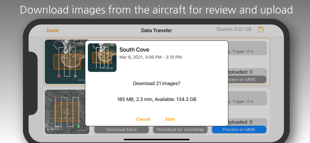 Map Pilot Pro App-Oberfläche, die eine Datenübertragungsaufforderung zum Herunterladen von Luftbildern von der Drohne auf ein Mobilgerät zeigt