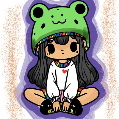 a girl wearing a frog hat and some frog socks