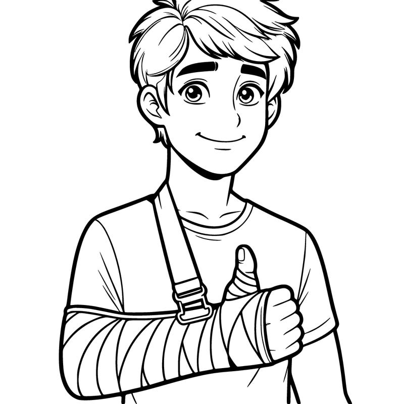 teenage realistic boy in a arm cast with a smile and a thumbs up